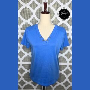 Rafaella Blue V-Neck Gold Chain and Button Short Sleeve Knit Top Size PM